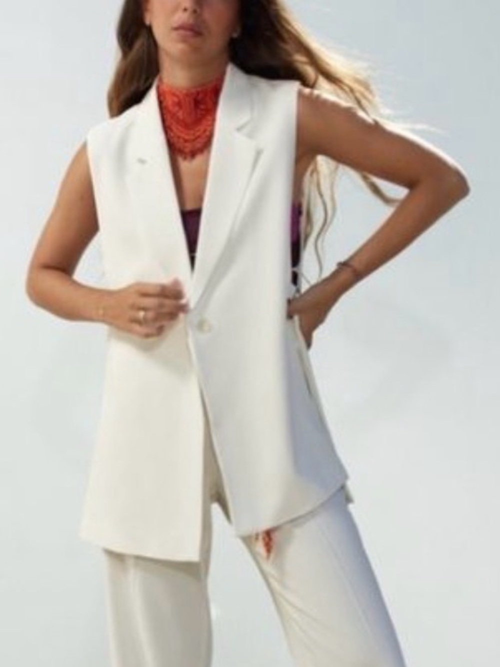 NWT Zara Ivory Sleeveless Longline Blazer Vest with Open Side Panels